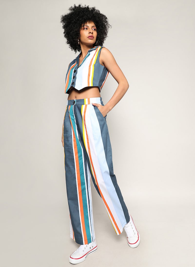 Campus Sutra Women's Multicolour Striped Vest Co-Ord Set For Casual Wear | Lapel Collar | No Sleeves | Button Closure | Co-Ords Crafted With Comfort Fit For Everyday Wear - Image 3